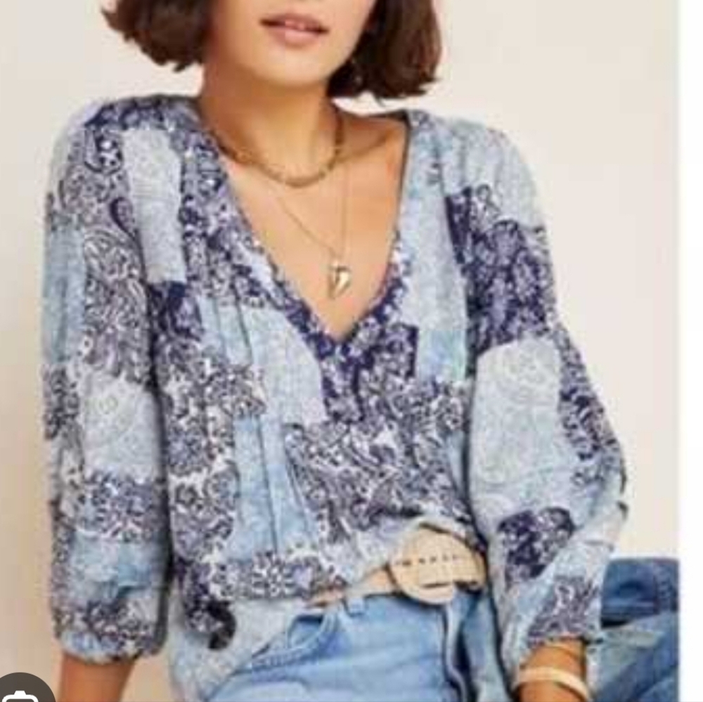 Anthropologie Maeve Indigo Blue Patchwork Blouse Size XS